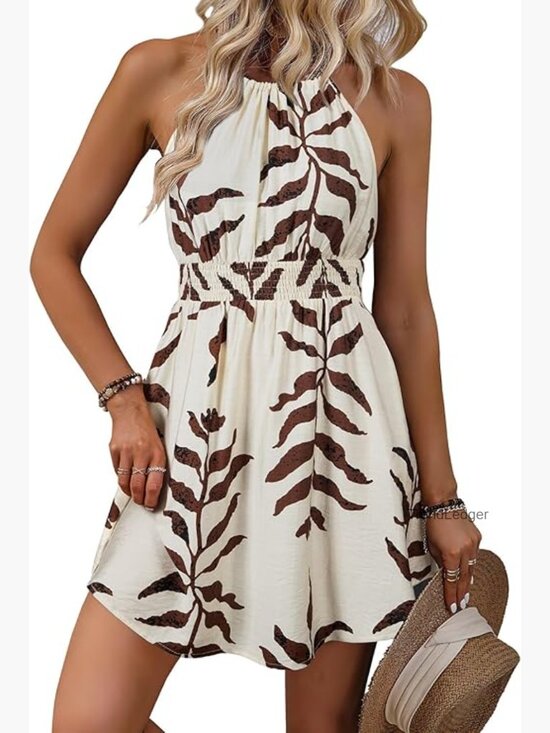 Dresses & Skirts - Summer Halter Neck Smocked Waist Flowy Mini Dress with Pockets